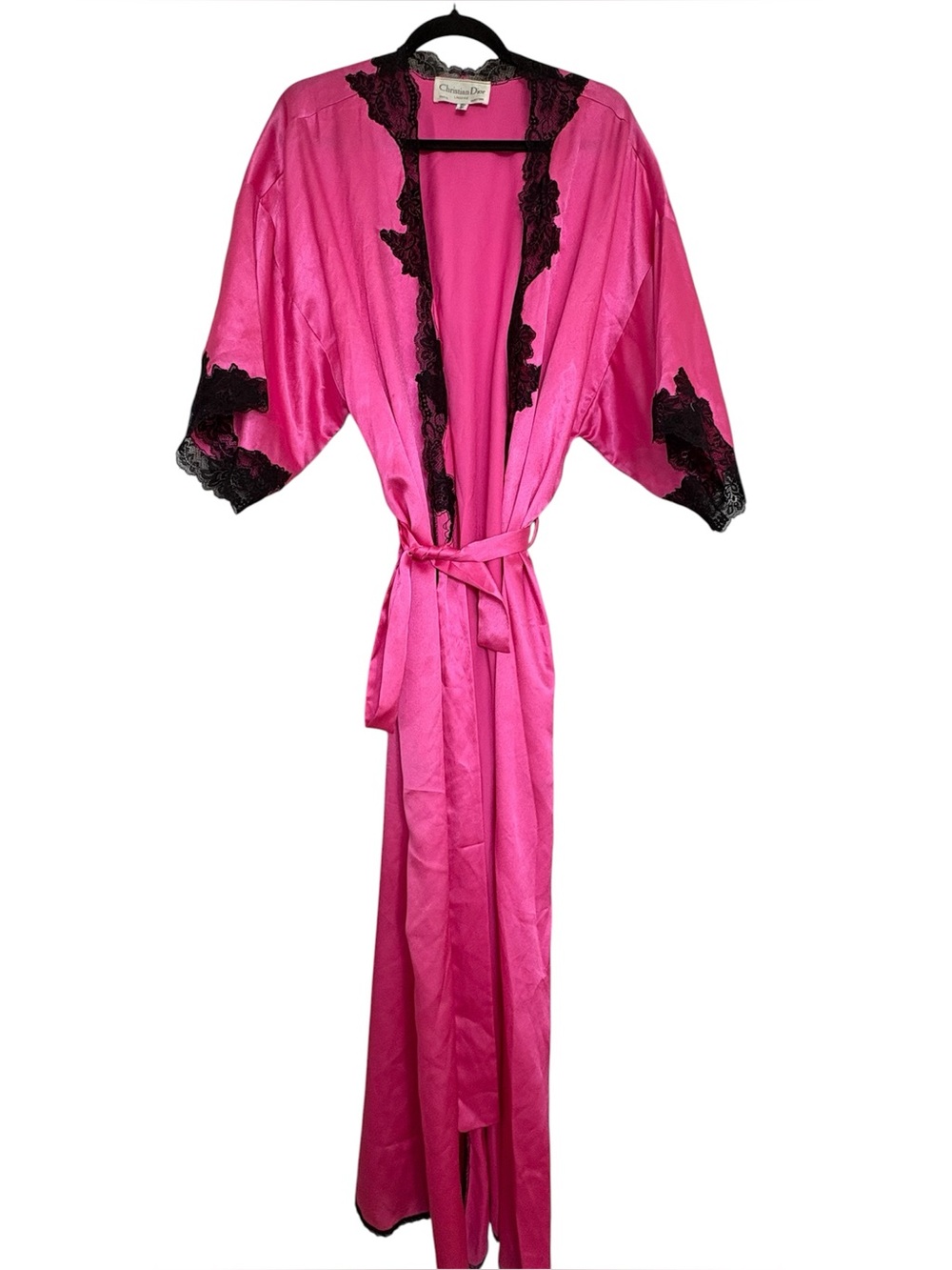 Vintage Christian Dior Lingerie Fuchsia Satin & Black Lace Robe – Size Large